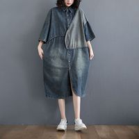 Casual trois quarts manches courtes boutons Patchwork robes Midi col rabattu coton Denim robe femmes 2023 vente en gros