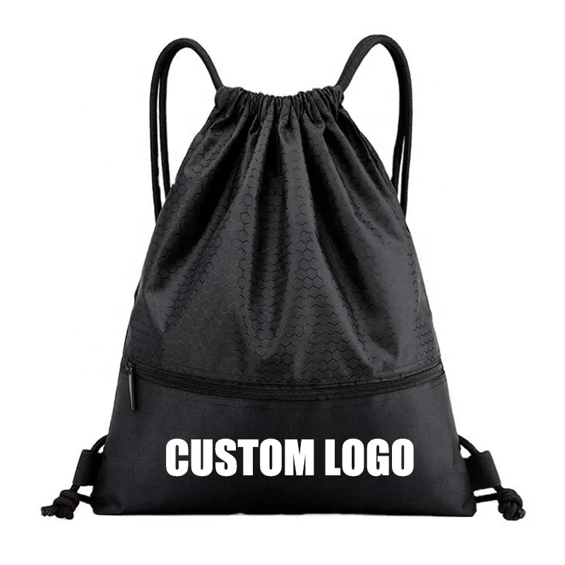 काले बड़े यात्रा Biodegradable प्रचार 210D पॉलिएस्टर बैग कस्टम लोगो रेशम Drawstring बैग जेब के साथ