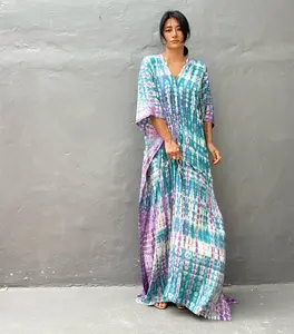 2023 New Arrival Colorful Kaftan Boho V-Neckline Long Sleeve Rayon Caftan Plus Size Dresses For Women