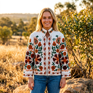 Floral Embroidered Cotton <b>Jacket</b> With <b>Mandarin</b> <b>Collar</b> Full Sleeve Prairie Chic Spring Women's <b>Jacket</b> - Product Image 1