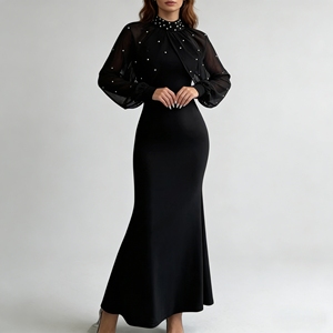 Vestido Largo de Noche Elegante para Mujer, Personalizado, Negro, con Perlas, Cuello Alto, Manga Farol, Estilo Sirena, para Fiesta Formal - Product Image 1
