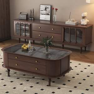 Juego de mesa de centro y mueble para TV de estilo americano retro, de madera maciza, con almacenamiento, para sala de estar, estilo europeo moderno y minimalista. - Product Image 1