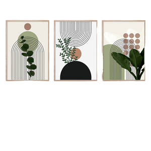 Hiện đại tối giản Bắc Âu 3pcs trừu tượng hình học vải sơn màu xanh lá cây thực vật morandi Áp phích tường dầu nghệ thuật với khung trang trí - Product Image 1