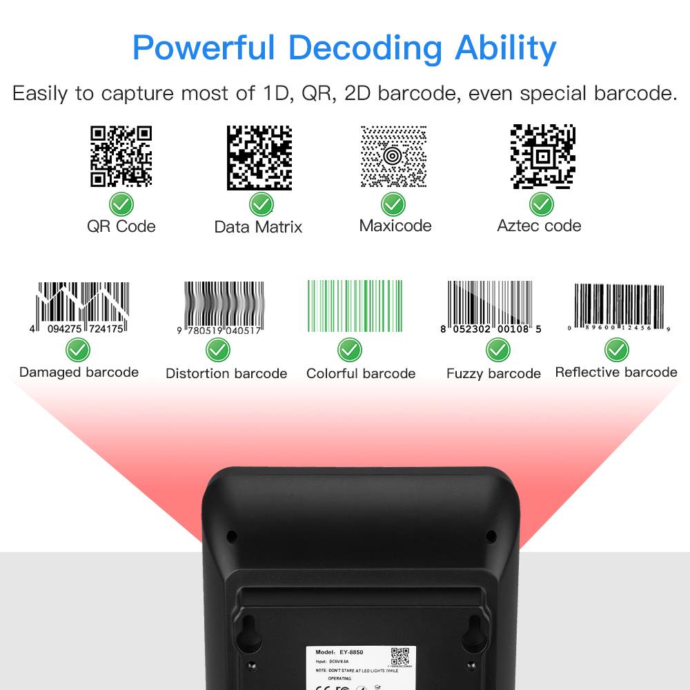 Scanner Codici A Barre 1D/2D USB - Eyoyo Per Negozi E Supermercati | Lettore Omnidirezionale Con Base Antiscivolo