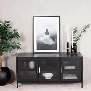 Fashion High Quality home living room sideboard cabinet tv cabinet modern design 3 glass door metal tv cabinet black color