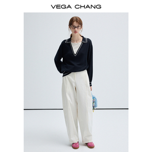 Vega Chang Dệt Kim Mùa Thu Mới 2025 Preppy Chắp Vá Hai Dài Tay Đan Tops - Product Image 2