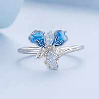 925 argent Sterling bleu Iris bague réglable exquis émail fleur bague d'ouverture pour les femmes fête bijoux fins BSR509-E