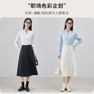 White Satin V-Neck Shirt Women Long Sleeve Office Elegant Blouse Solid Color Polyester Fabric - Product Image 3