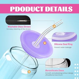 Set <span class=keywords><strong>di</strong></span> 8 bicchieri in vetro da 470 ml con coperchi e cannucce, a forma <span class=keywords><strong>di</strong></span> lattina, per caffè freddo, frullati, bibite, bubble tea, birra - Idea regalo - Product Image 3