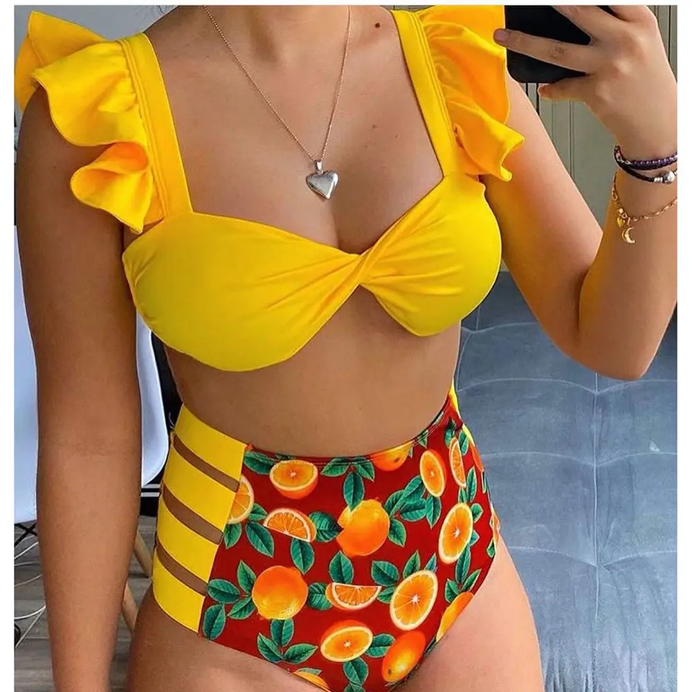 Bikini Swimsuit for Women High Waisted Swimsuits 2022 Tummy Control Two Piece Tankini Ruffled Top with Swim Bottom Bathing Suits