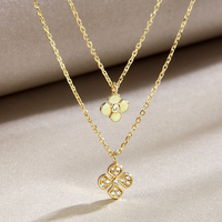 Collier en argent 925 plaqué or, double couche, motif fleur, pendentif trèfle à quatre feuilles pour femme