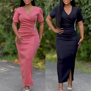 Nouvelle arrivée robes décontractées élégantes pour femmes <span class=keywords><strong>col</strong></span> en <span class=keywords><strong>V</strong></span> <span class=keywords><strong>manches</strong></span> <span class=keywords><strong>courtes</strong></span> perlées longue <span class=keywords><strong>robe</strong></span> de soirée robes pour femmes <span class=keywords><strong>v</strong></span>êtements - Product Image 2