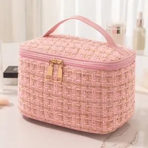 Multifunctional Fashion Plaid Tweed Makeup Bag Portable Large Capacity Ladies Toiletries Storage Cosmetic Bag