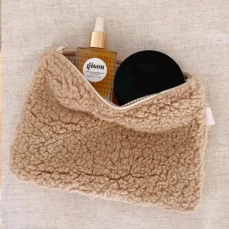 Small Size Flat Laying Small Floral Lining Warm Teddy Cosmetic Pouch Designer Plush Winter Makeup Bag