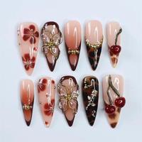 Fournisseur de faux ongles à presser de luxe faits à la main, 3D haute qualité, 10 pièces, style océan estival, forme amande et stiletto, vente en gros