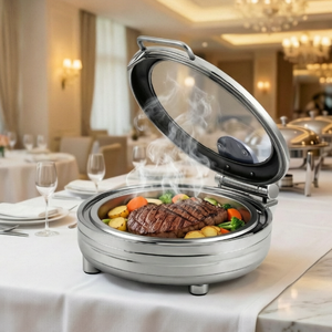 Grand réchaud rond en acier inoxydable argenté de 6,8 L, poli miroir, pour buffet et événements culinaires - Product Image 1