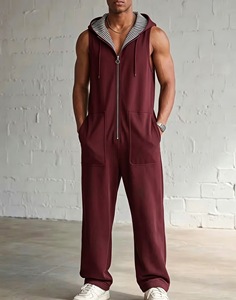 Tuta Intera Estiva da <span class=keywords><strong>Uomo</strong></span> Nera Senza Maniche con Cappuccio e Fodera a Righe, Leggera e Casual con Zip Integrale - Ultima Moda, Offerta Speciale - Product Image 5