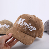 Casquette de sport vintage de haute qualité à 5 panneaux, structurée, déchirée, usée, en coton lavé, avec boucle métallique et broderie script