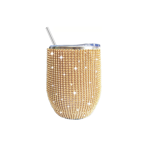 Verre à vin miniature de 12 oz avec couvercle hermétique et paille, en acier inoxydable 304 à double paroi sous vide, incrusté de diamants. - Product Image 6