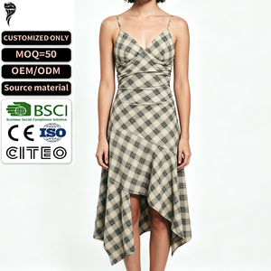 Robe midi vintage à carreaux avec bretelles spaghetti, ourlet irrégulier, bustier croisé, style cami, pour femmes, production sur mesure - Product Image 1