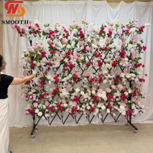Nouvelle conception élégante : Mur de fleurs artificielles roses 8x8 pieds avec support pliable sur roulettes pour décoration florale de scène de mariage - Product Image 4