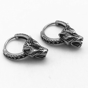 Yunnique Boucles d'oreilles créoles tête de loup en argent tibétain et acier titane, unisexe, motif animal, style rétro européen et américain - Product Image 5