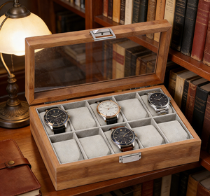 Kotak Penyimpanan Kayu 12 Slot Kelas Atas untuk Jam Tangan dengan Tutup Kaca, Kotak Pajangan Jam Tangan <span class=keywords><strong>2</strong></span> Lapis, Penyimpanan Perhiasan untuk Pria & Wanita, Hadiah - Product Image 5
