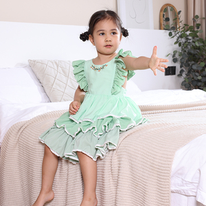 Robes de princesse pour enfants en coton respirant et écologique, style campagnard <span class=keywords><strong>chic</strong></span>, vente en gros ODM - Nouveauté été, manches volantées vertes - Product Image 2