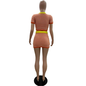Nouvel ensemble tricoté rayé 2 pièces pour femme : haut court à manches courtes très extensible et <span class=keywords><strong>mini</strong></span>-jupe moulante – Ensemble deux pièces - Product Image 3