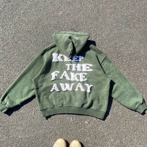 Boxy Distress Acid Wash Customized Puff Printing Zipper Hoodies Blank Plain Oversize Embossed Hoodie for Men
