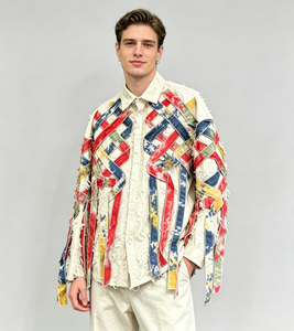 Chemise décontractée en flanelle texturée <span class=keywords><strong>à</strong></span> boutons, multicolore, tie-dye, patchwork de rubans, franges, bretelles, coupe oversize, avant-gardiste pour homme - Product Image 6