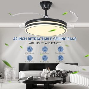 Quạt Trần LED hiện đại 42 inch đèn sắt có thể thu vào cơ thể AC điều khiển từ xa cho phòng ngủ phòng khách phòng ăn nhà bếp - Product Image 5