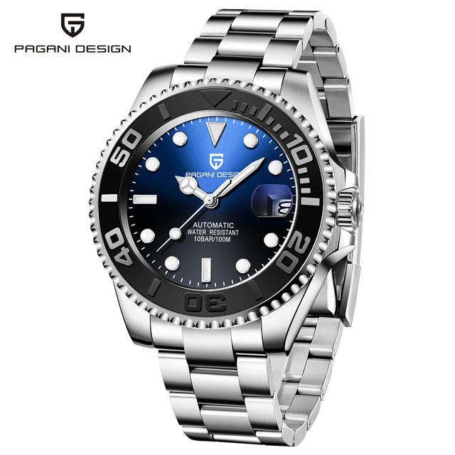 White shell with black ring and blue face, three steel stripes