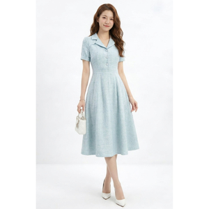 Vestido Midi Azul Claro para Mujer, Manga Corta, Corte en A, Ropa de Trabajo de Oficina, con Botones al Frente, Diseño Personalizado, Precio al por Mayor - Product Image 1