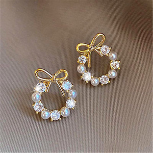 Eleganti Orecchini a Perno con Fiocco e Perle Finte per Donne, Gioielli Minimalisti Chic di Lusso - Product Image 1