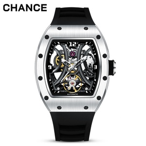 Unique Men Automatic Mechanical Hollow Tonneau Stainless Steel Case Silicon Band Self-Wind Movement <b>Watch</b> 1 Piece with Own logo - Product Image 4