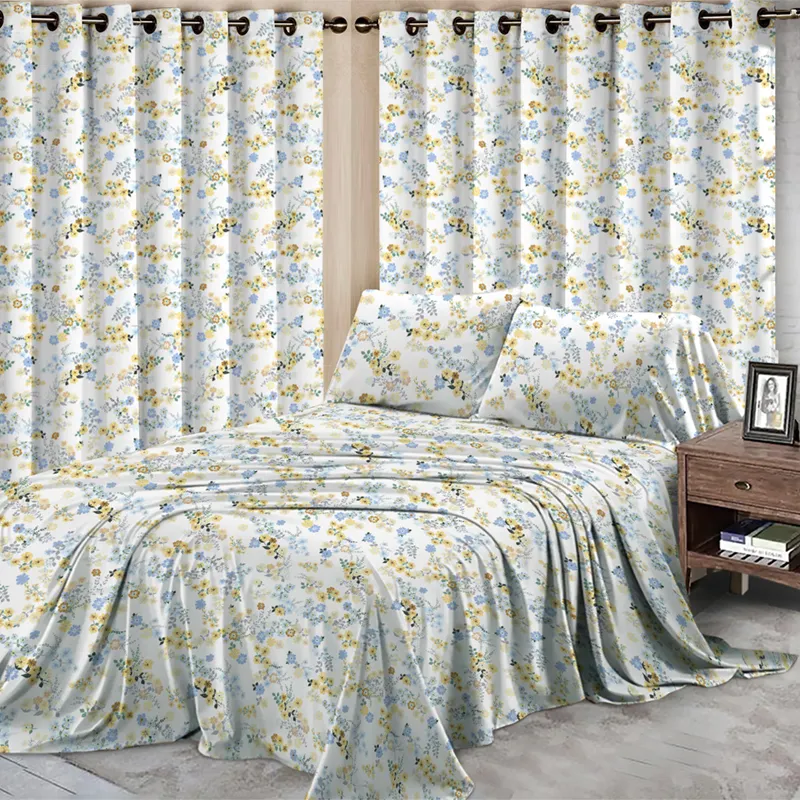 Customized Fabrics Sizes Hot Selling 100% Cotton Curtain and Bedsheet Set With Curtains