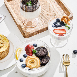 <span class=keywords><strong>Bol</strong></span> à glace en verre écologique à rayures verticales, pour pudding, yaourt, jus, dessert, avec un pied haut, emballé dans un carton - Product Image 1