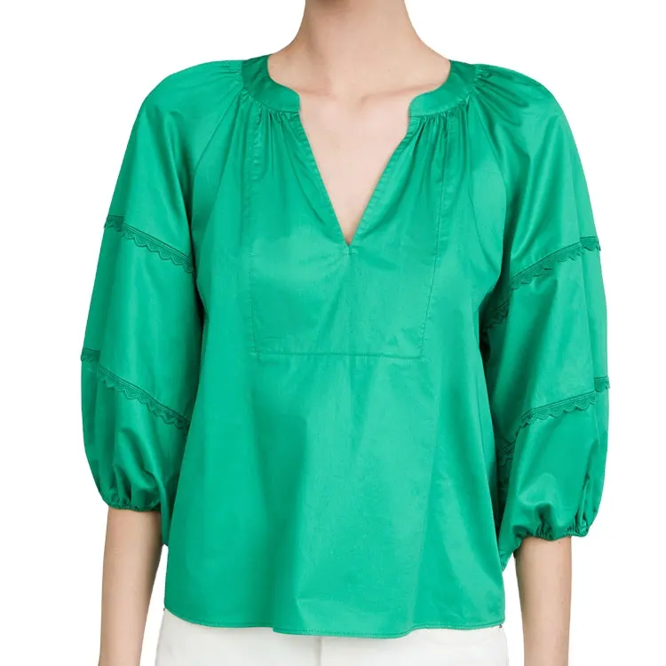 Blusa feminina casual e plissada de renda, nova blusa de cor sólida com gola em v e manga longa, robusta, 100% algodão, para primavera, venda imperdível