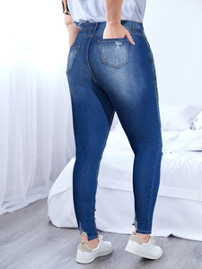 Talla grande azul oscuro elástico de cintura media pies rasgados mallas largas lápiz pantalones vaqueros de mezclilla buena calidad Venta caliente Casual Skinny - Product Image 5