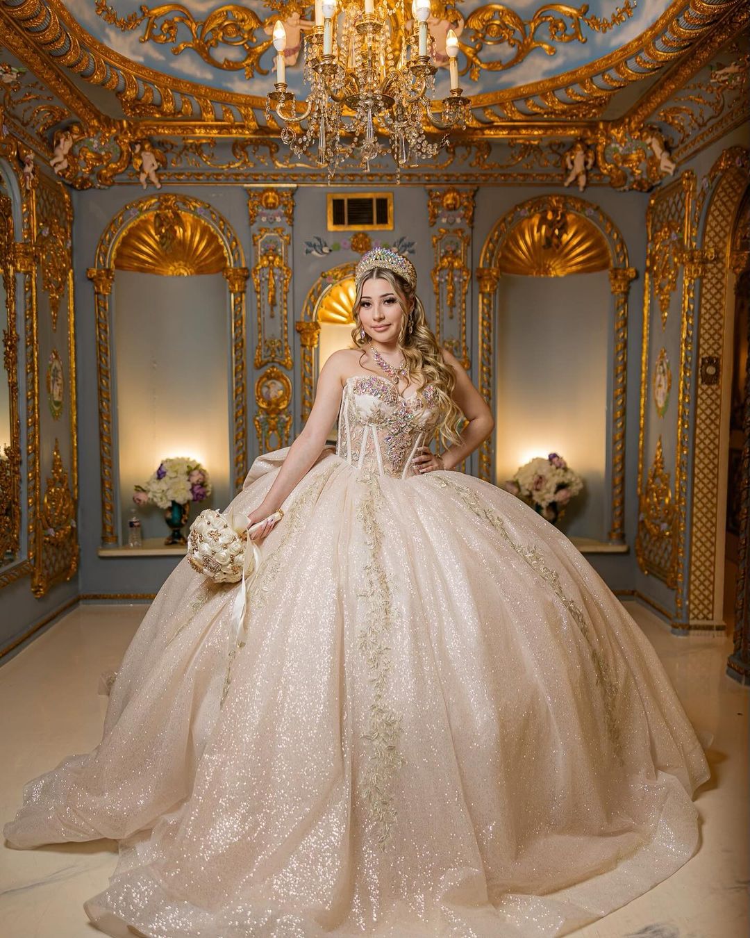 white christmas dresses Champagne Pearl Embroidery Lace Wedding Dresses Square Neck Ball Gown –  Viniodress main image 1