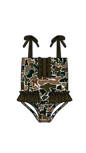 S0760 Maillot de bain personnalisé pour petite fille active, imprimé camouflage vert, vente en gros, ensemble 2 pièces à manches courtes - Product Image 5