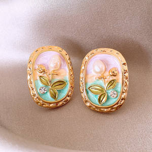 2025 New Vintage Heart Flower Pearl <b>Oil</b> <b>Painting</b> Style Women's Drop Earrings Fashion Sweet Geometric <b>Oil</b> 18K Stainless Steel - Product Image 3
