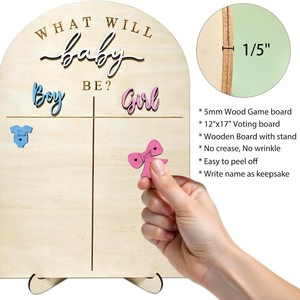 Set Decorativo per Festa di Rivelazione del Sesso del Bambino con Tabellone in Legno per Votazioni e Centrotavola a Nido d'Ape - Product Image 3