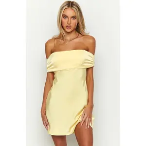 Hot Selling Primrose Yellow Sleeveless Cut-out Back Tie Bow Satin Off-the-shoulder Mini Dress