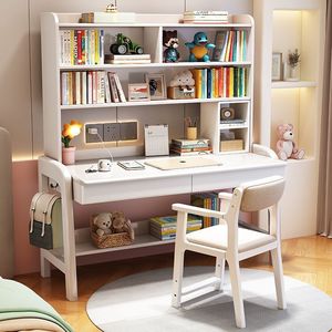โต๊ะไม้เนื้อแข็งพร้อมชั้นวางหนังสือโต๊ะคอมพิวเตอร์แบบรวม 80x60x190 ซม. โต๊ะเรียนในห้องนอนบ้านสำหรับเด็กนักเรียน - Product Image 2