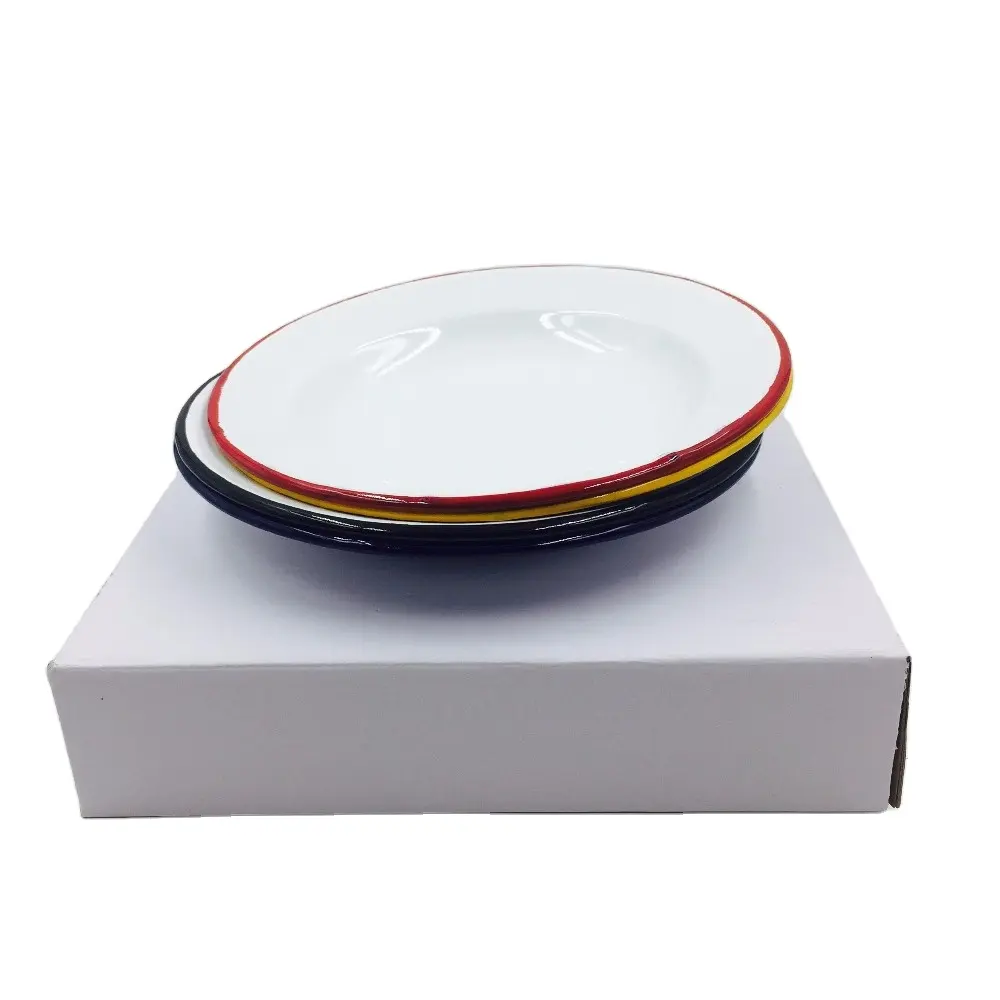 Wholesale restaurant enamel metal dinner round plates with custom logo design 20cm/24cm Custom Table Ware MixColor