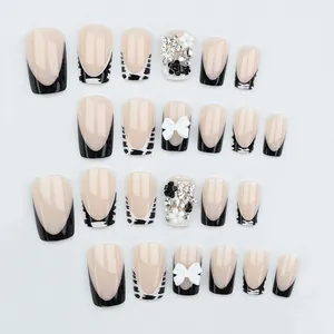 24 <span class=keywords><strong>faux</strong></span> ongles carrés courts en acrylique, noirs, style French, tendance Y2K, motifs 3D nœud papillon/étoile/fleur, charme Spicy Girls pour doigts - Product Image 3