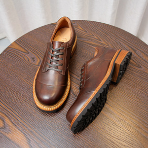 Bottes de travail basses en cuir à large bordure, style rétro américain, avec semelles épaisses, chaussures pour hommes - Product Image 4