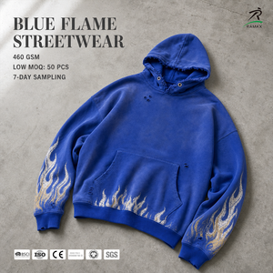 เสื้อฮู้ดดี้ลายเปลวไฟแบบทำเองสำหรับผู้ชาย สีน้ำเงิน ขาดรุ่ย ทรงโอเวอร์ไซส์ สไตล์สตรีทแวร์ เสื้อพูลโอเวอร์กรันจ์ เสื้อสเวตเชิ้ตแบบสั่งทำพิเศษ - Product Image 1